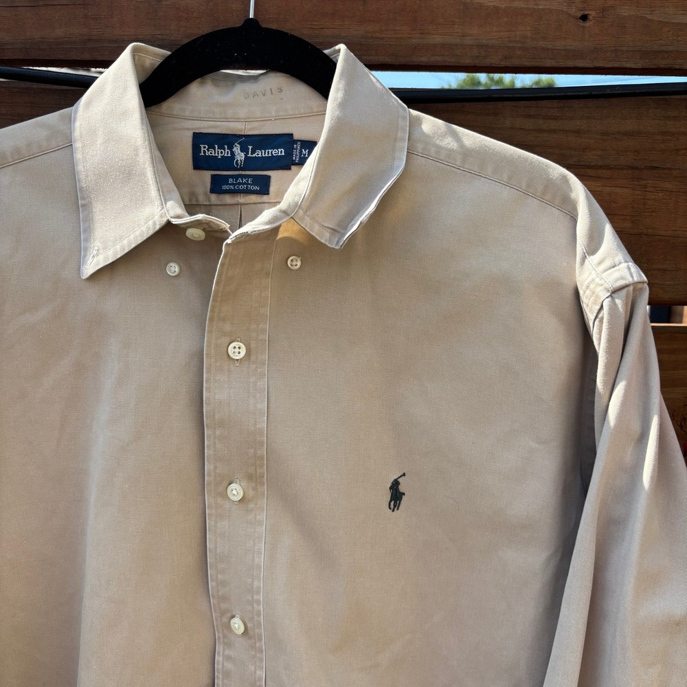 Ralph Lauren Button Down Shirt Mens Medium Tan Good Blake Cotton Long Sleeve